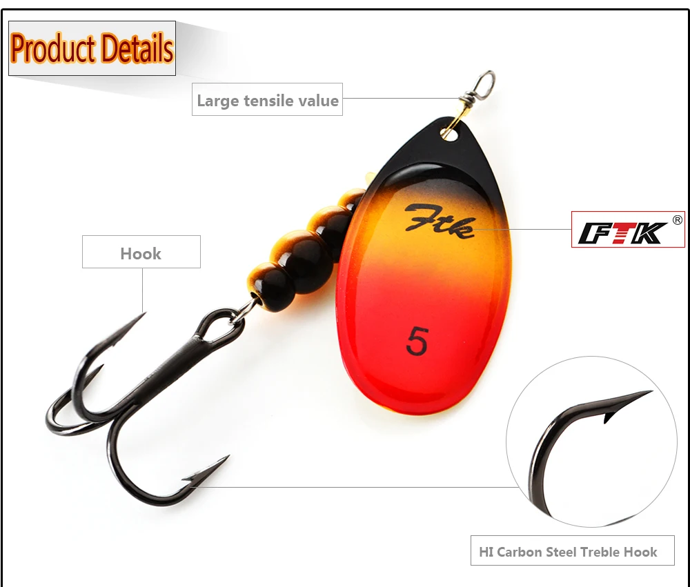 FTK 3.9g 4.6g 7.4g 10.8g 15g Spinner Bait With Feather Treble Hooks Hard Spoon Bass Lures Metal Fishing Lure  For Fishing