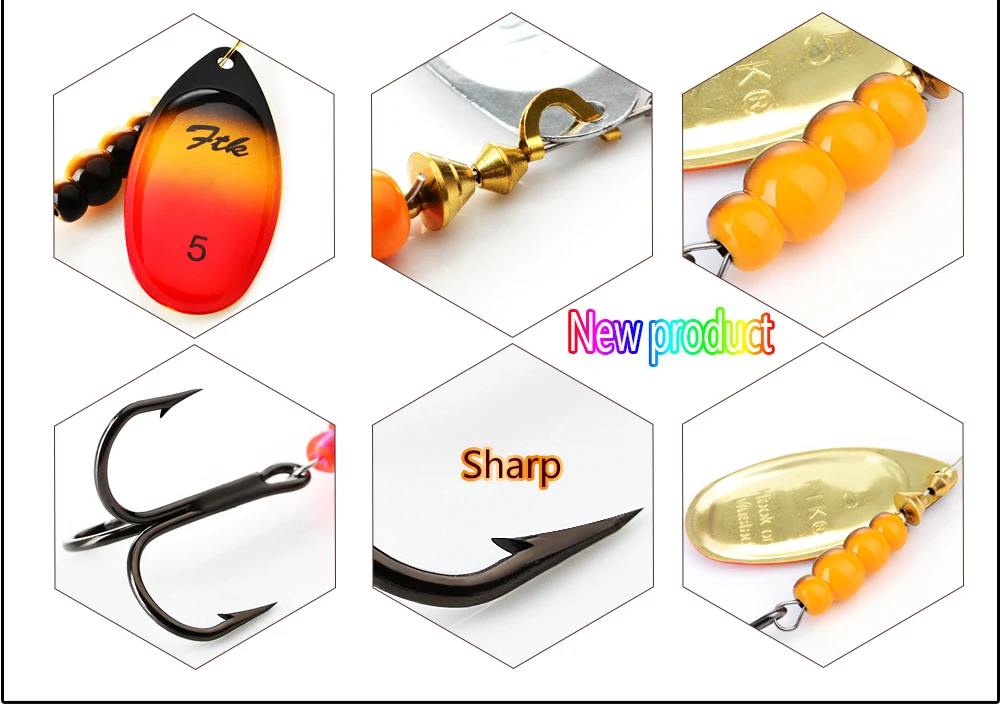 FTK 3.9g 4.6g 7.4g 10.8g 15g Spinner Bait With Feather Treble Hooks Hard Spoon Bass Lures Metal Fishing Lure  For Fishing