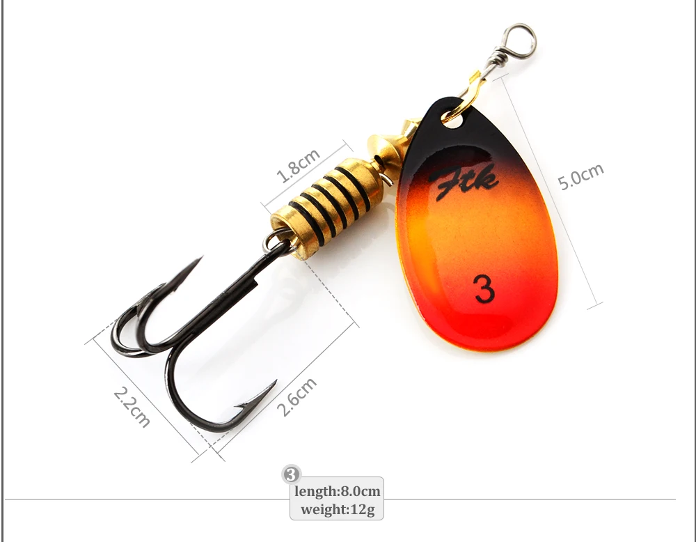 FTK 3.9g 4.6g 7.4g 10.8g 15g Spinner Bait With Feather Treble Hooks Hard Spoon Bass Lures Metal Fishing Lure  For Fishing