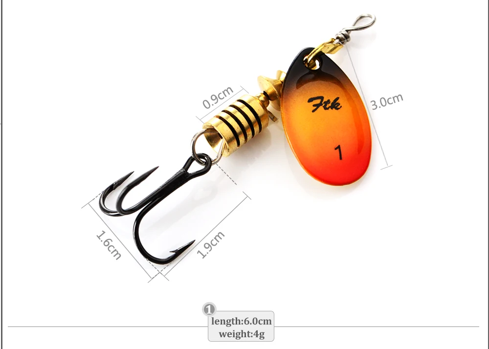FTK 3.9g 4.6g 7.4g 10.8g 15g Spinner Bait With Feather Treble Hooks Hard Spoon Bass Lures Metal Fishing Lure  For Fishing