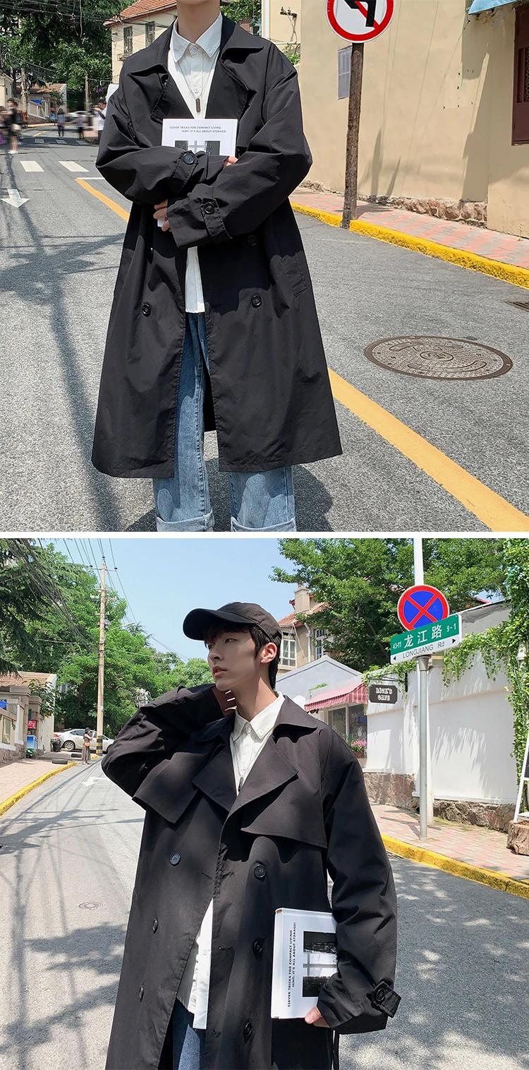 Men's Korean Style Spring Trench Coat Streetwear Windbreaker Solid Business Casual Loose Long Overcoat Male Spring Fashion