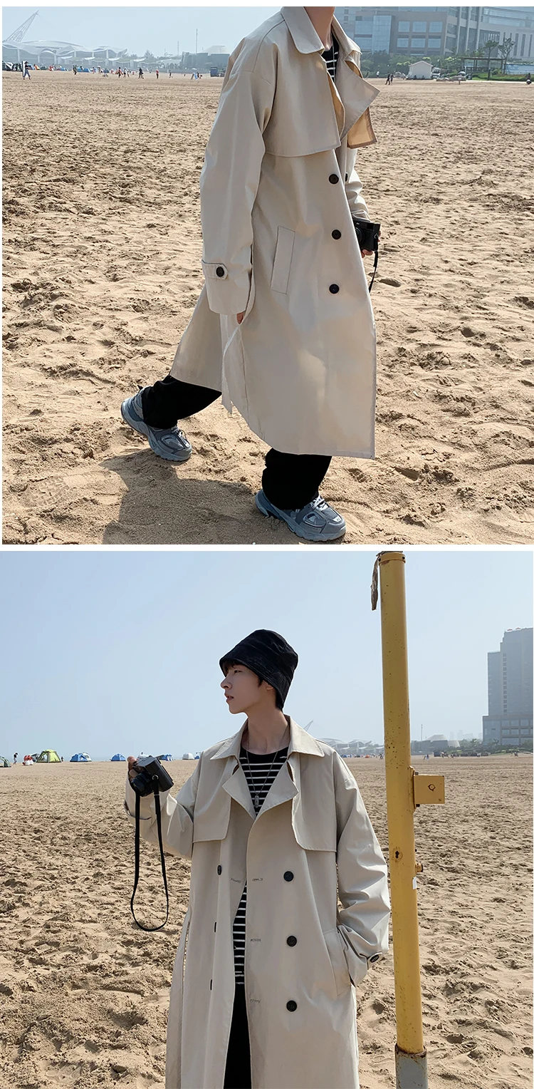 Men's Korean Style Spring Trench Coat Streetwear Windbreaker Solid Business Casual Loose Long Overcoat Male Spring Fashion