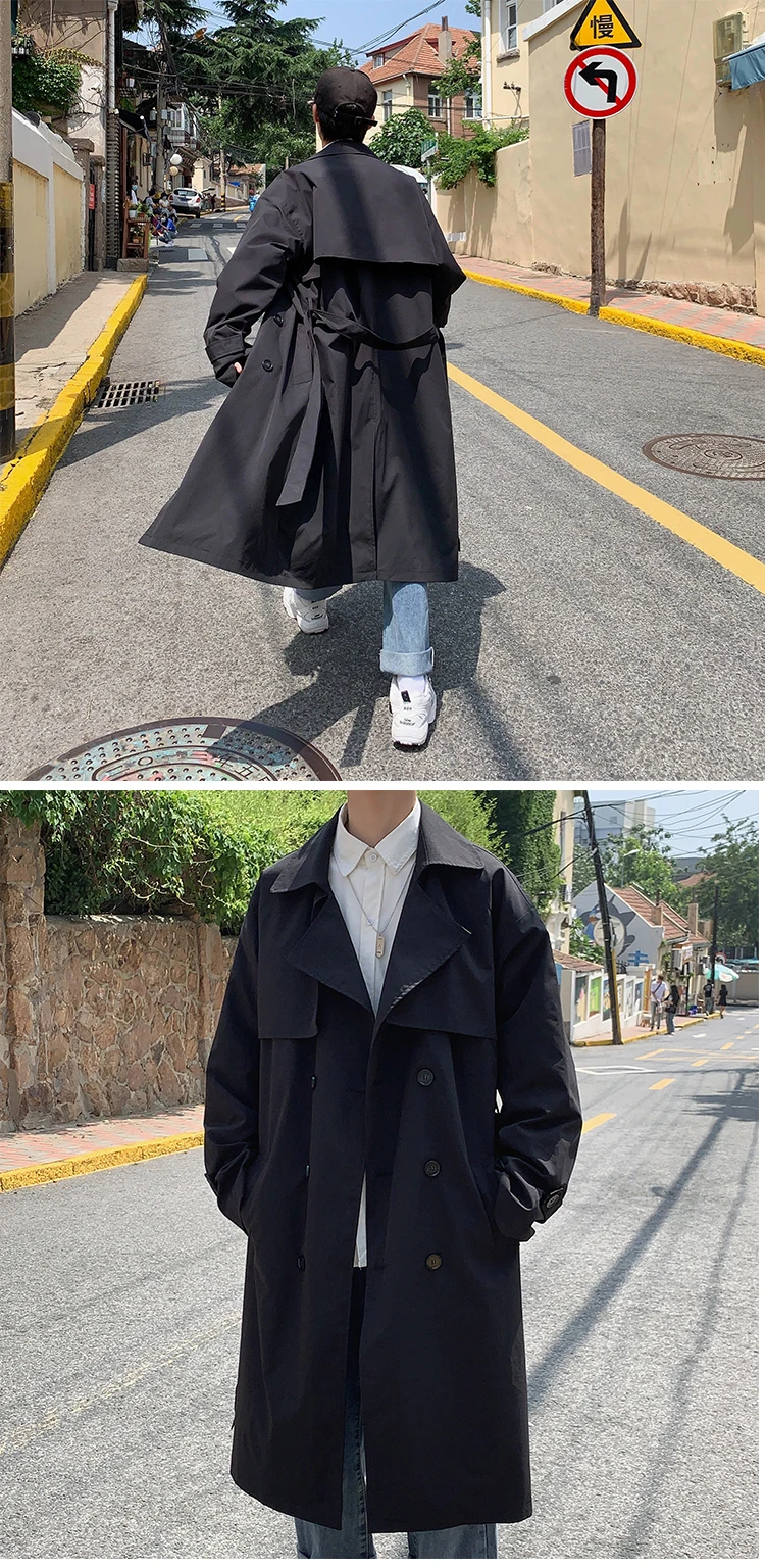 Men's Korean Style Spring Trench Coat Streetwear Windbreaker Solid Business Casual Loose Long Overcoat Male Spring Fashion