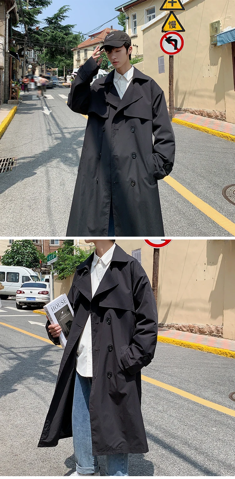 Men's Korean Style Spring Trench Coat Streetwear Windbreaker Solid Business Casual Loose Long Overcoat Male Spring Fashion