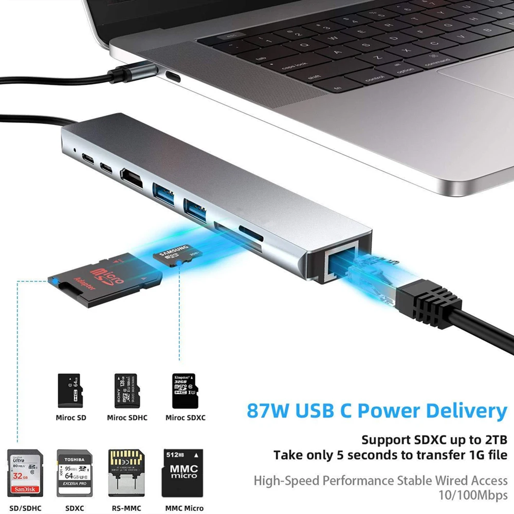 USB C Hub 8 In 1 Type C 3.1 To 4K HDMI Adapter with RJ45 SD/TF Card Reader PD Fast Charge for MacBook Notebook Laptop Computer