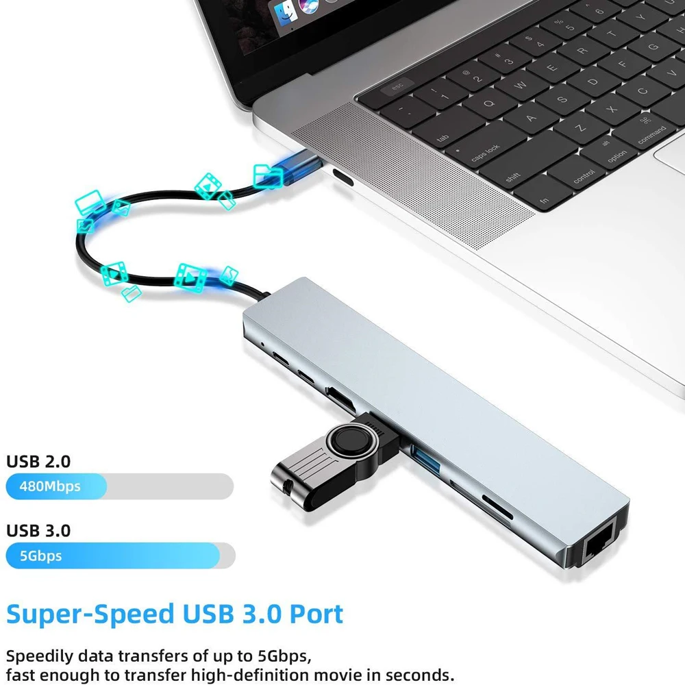 USB C Hub 8 In 1 Type C 3.1 To 4K HDMI Adapter with RJ45 SD/TF Card Reader PD Fast Charge for MacBook Notebook Laptop Computer