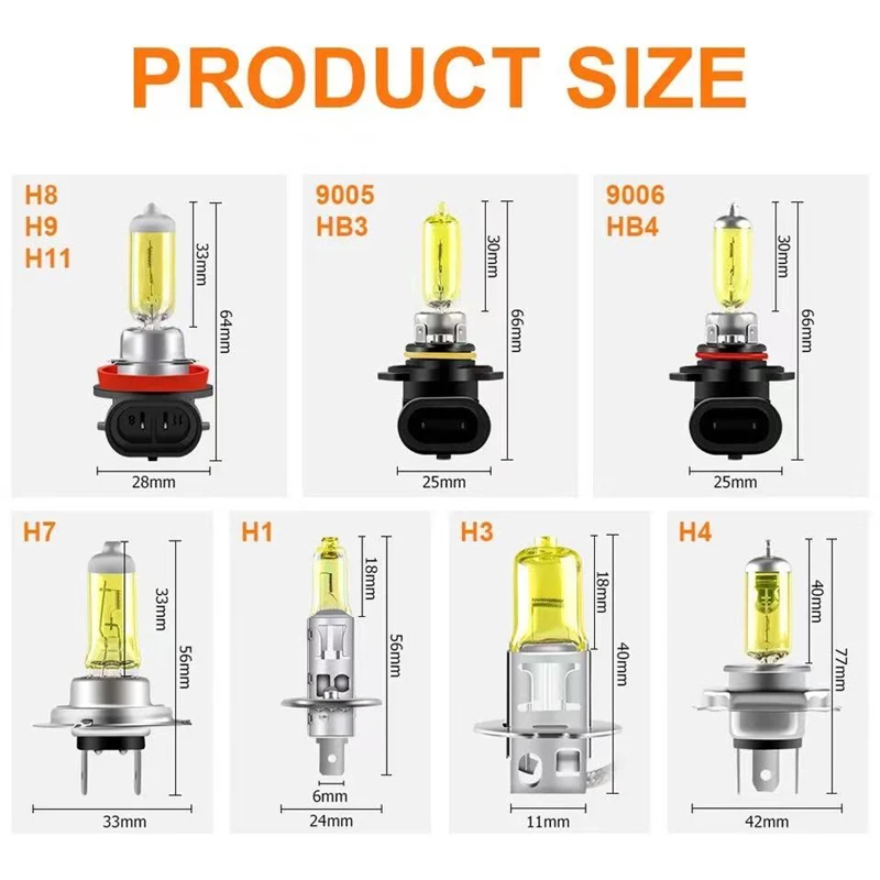 2Pcs Super Bright Yellow Headlamp 3000K 12V55W Low Beam Halogen Car Bulbs H1 H3 H4 H7 H11 H10 H27 Fog Proof Light for Automobile