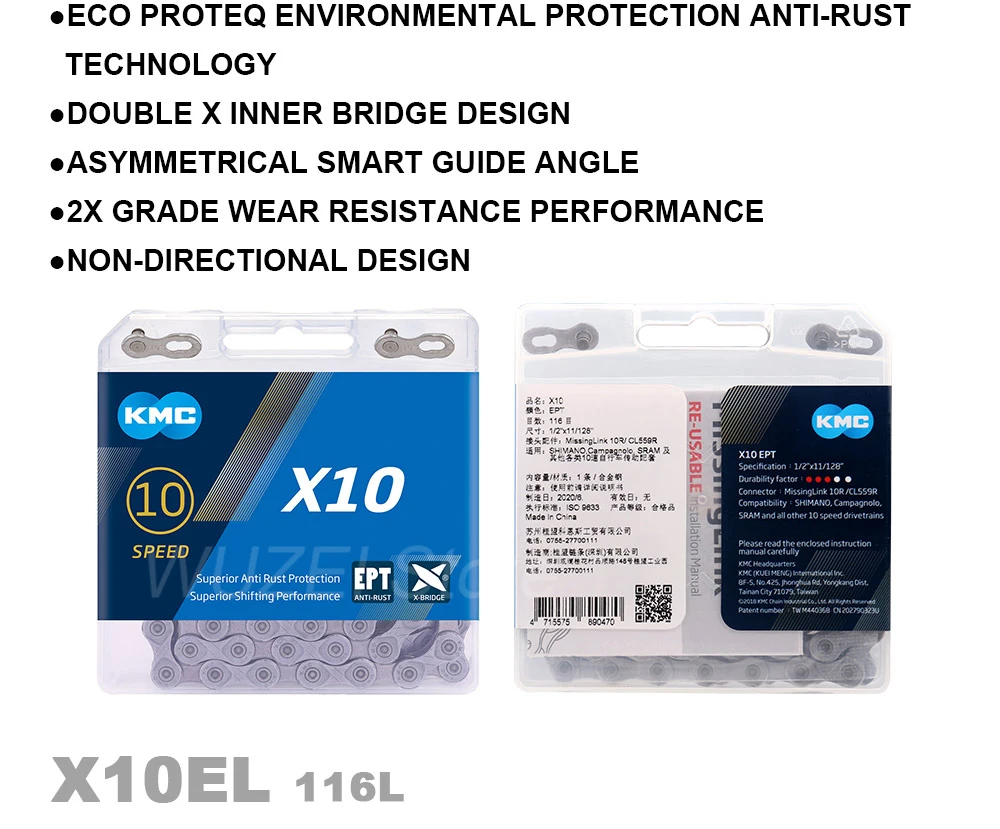 KMC X10 10 Speed Chain 116 Links Road/Mountain Bike Chain X10EPT X10EL X10SL Bike Chain Original Boxed