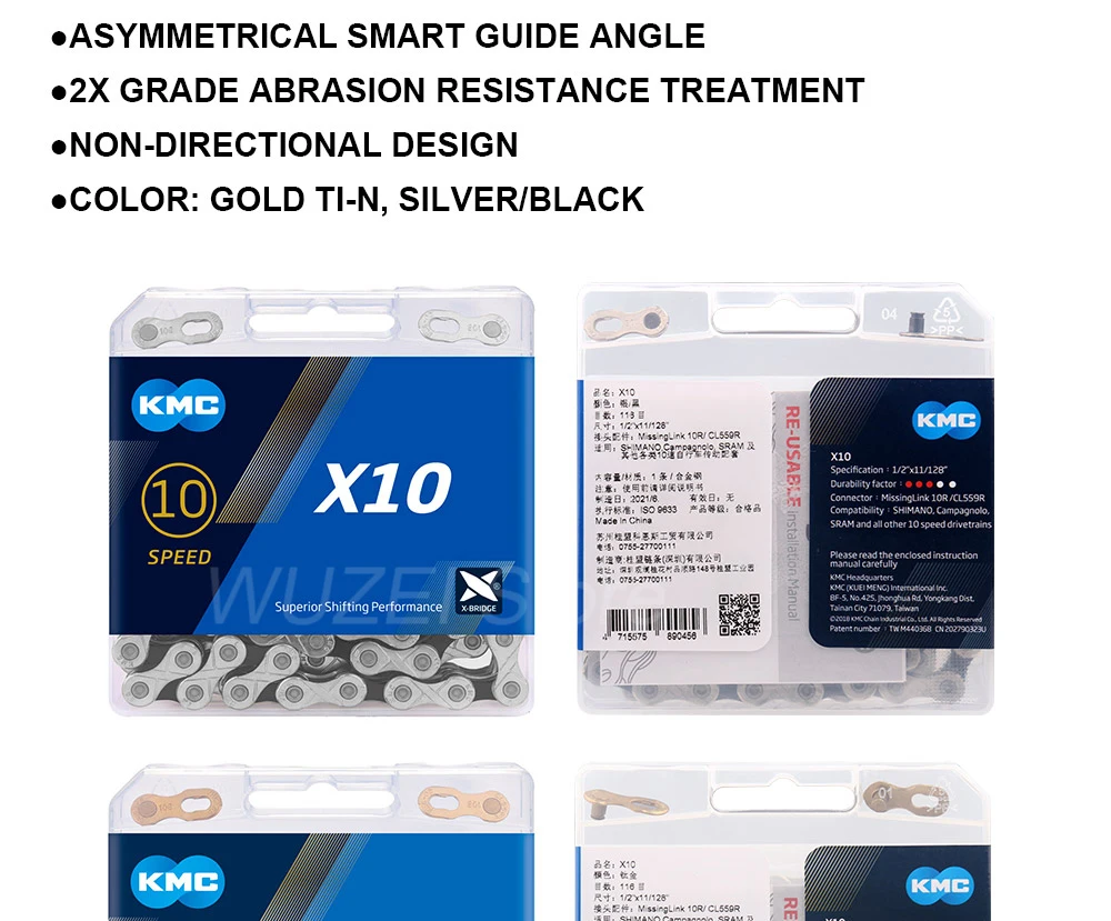 KMC X10 10 Speed Chain 116 Links Road/Mountain Bike Chain X10EPT X10EL X10SL Bike Chain Original Boxed