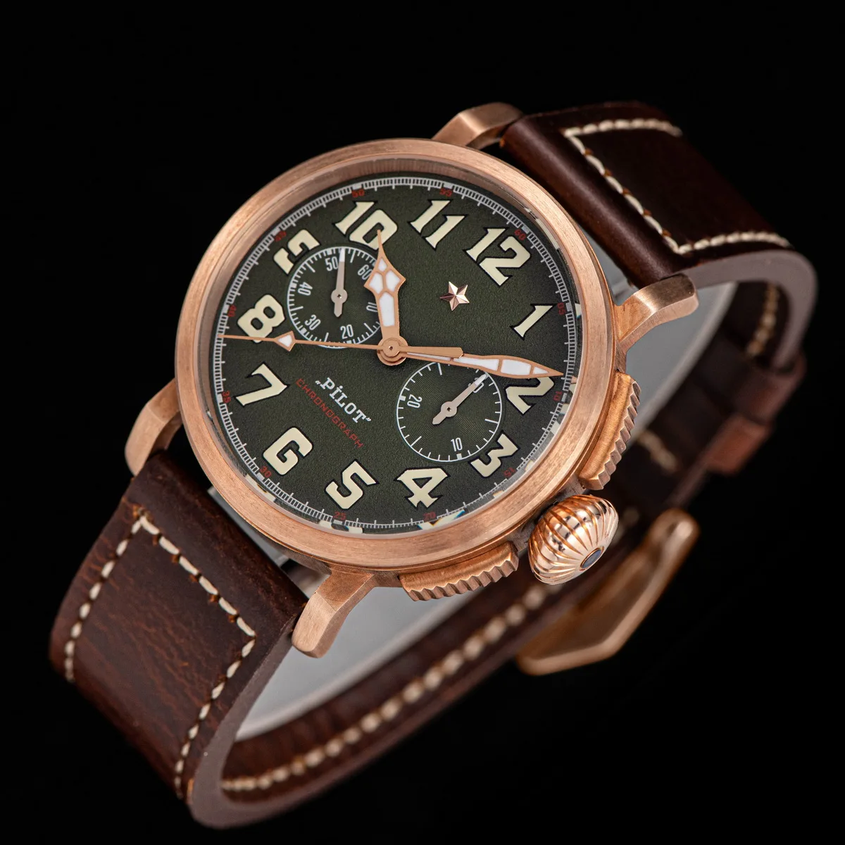 42mm Bronze Mens Watch Mechanical Hand Wind Wristwatch Original ST1901 Movement CuSn8 Case Sapphire BGW9 Luminous Leather Strap