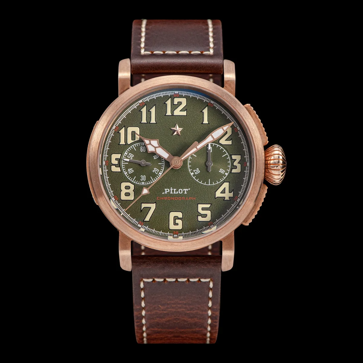 42mm Bronze Mens Watch Mechanical Hand Wind Wristwatch Original ST1901 Movement CuSn8 Case Sapphire BGW9 Luminous Leather Strap