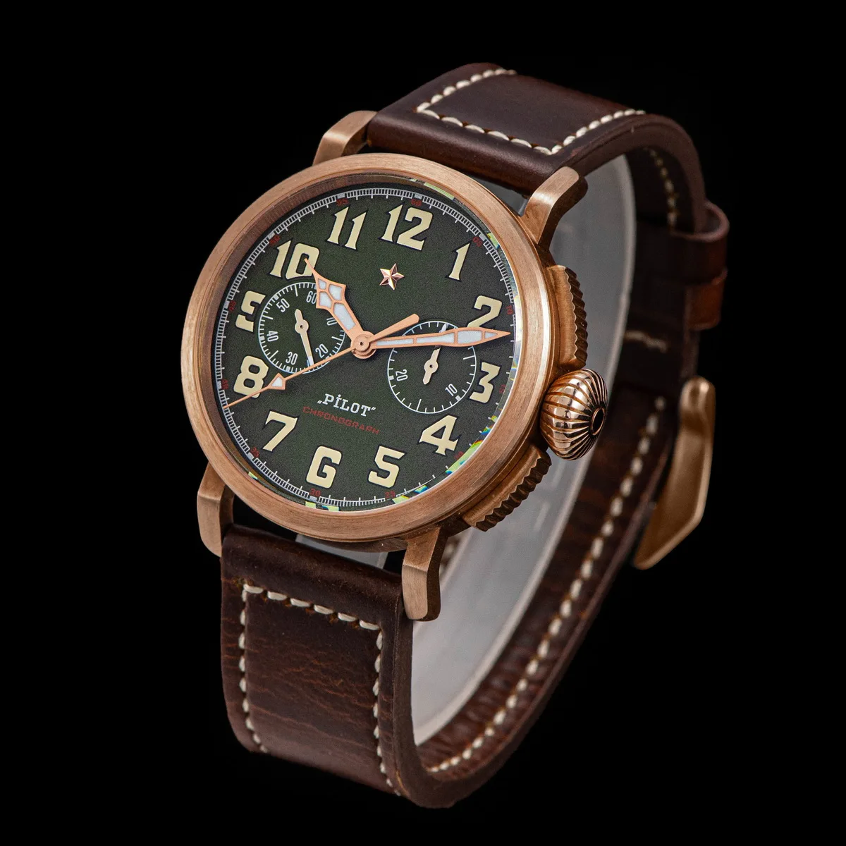 42mm Bronze Mens Watch Mechanical Hand Wind Wristwatch Original ST1901 Movement CuSn8 Case Sapphire BGW9 Luminous Leather Strap