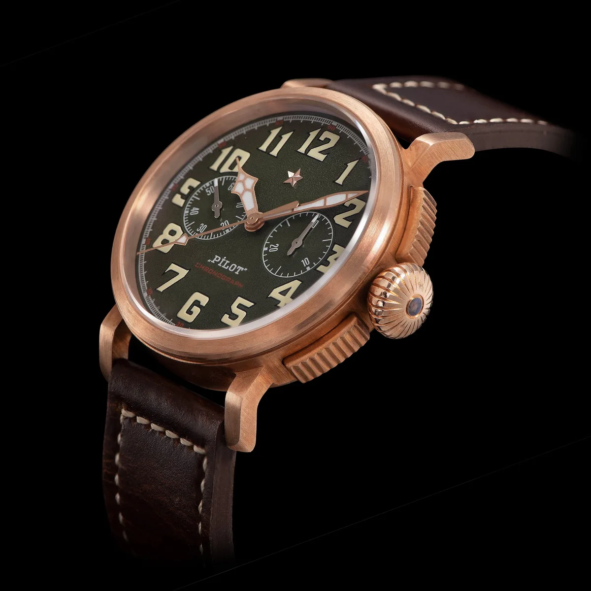42mm Bronze Mens Watch Mechanical Hand Wind Wristwatch Original ST1901 Movement CuSn8 Case Sapphire BGW9 Luminous Leather Strap