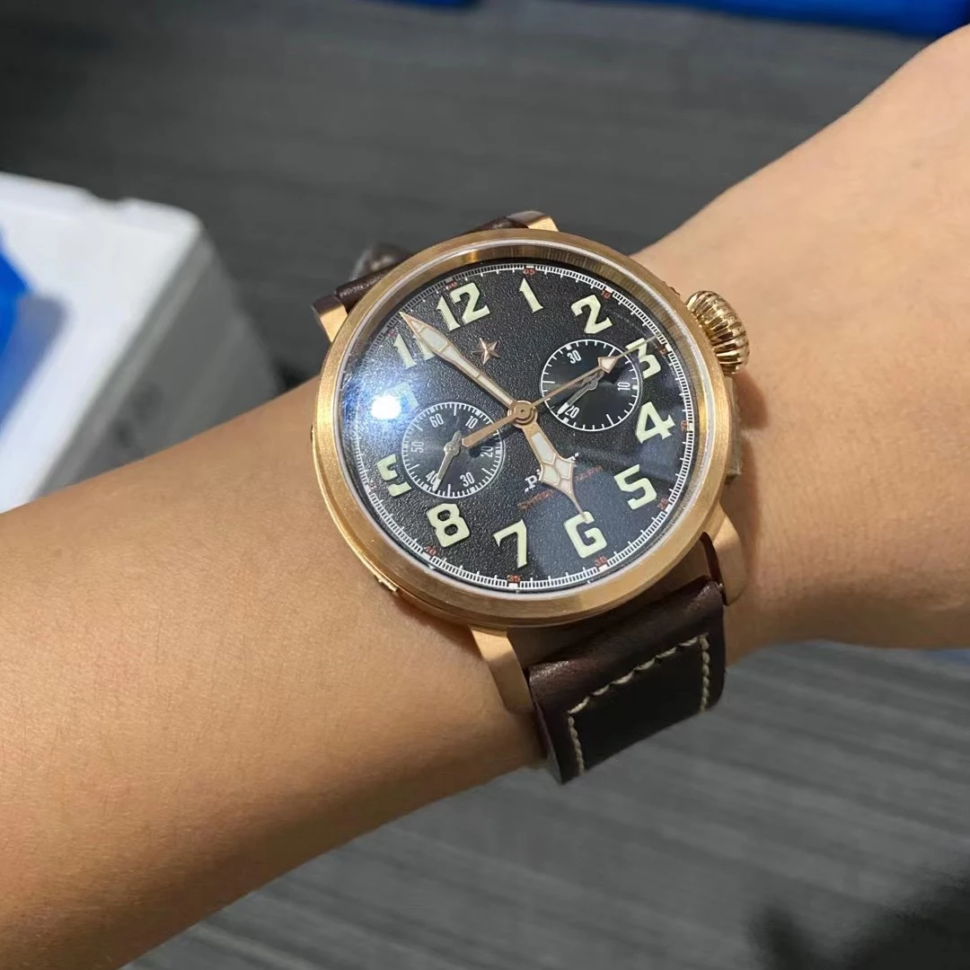 42mm Bronze Mens Watch Mechanical Hand Wind Wristwatch Original ST1901 Movement CuSn8 Case Sapphire BGW9 Luminous Leather Strap