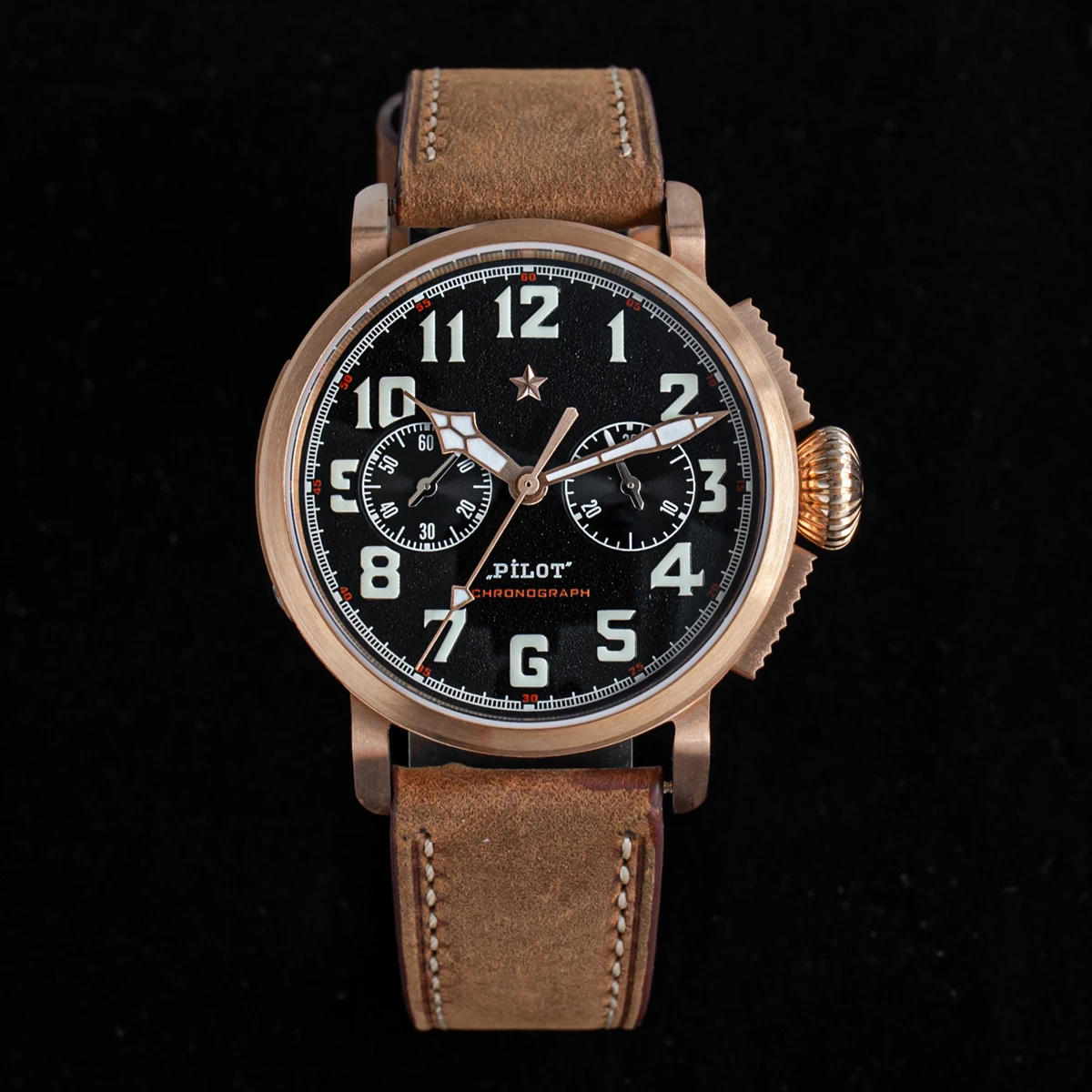 42mm Bronze Mens Watch Mechanical Hand Wind Wristwatch Original ST1901 Movement CuSn8 Case Sapphire BGW9 Luminous Leather Strap
