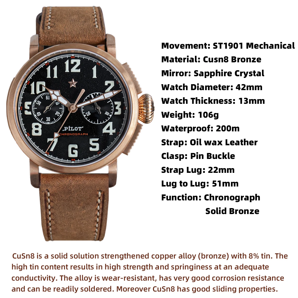 42mm Bronze Mens Watch Mechanical Hand Wind Wristwatch Original ST1901 Movement CuSn8 Case Sapphire BGW9 Luminous Leather Strap