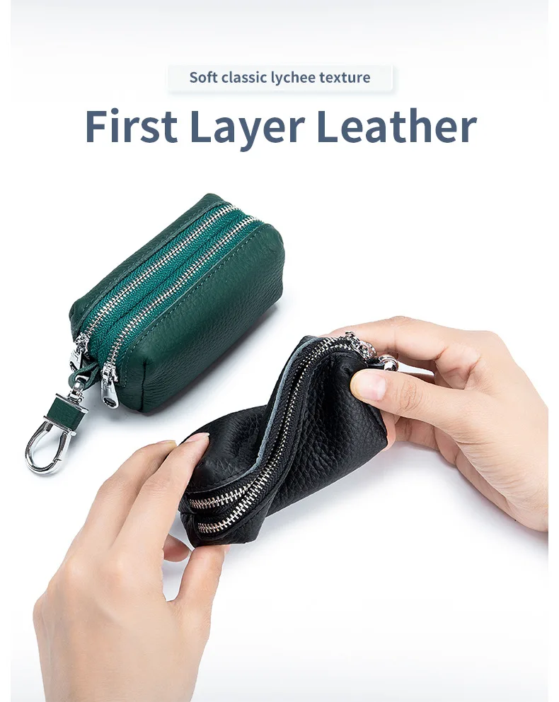 Made of Genuine Leather Car Key Wallets Fashion Key Holder Housekeeper Keys Organizer Double Zipper Keychain Case Key Coin Pouch