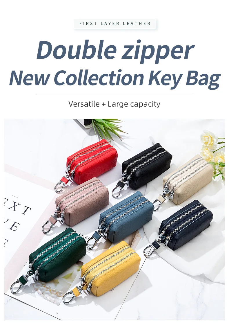 Made of Genuine Leather Car Key Wallets Fashion Key Holder Housekeeper Keys Organizer Double Zipper Keychain Case Key Coin Pouch