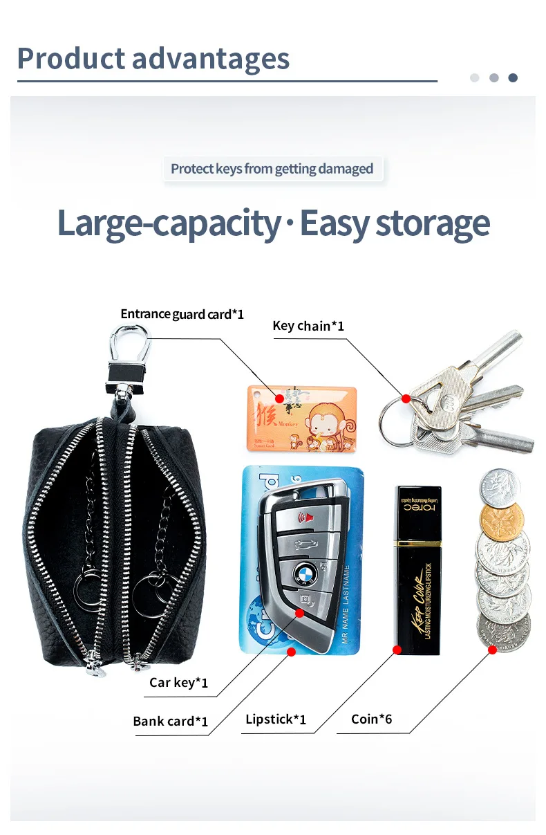 Made of Genuine Leather Car Key Wallets Fashion Key Holder Housekeeper Keys Organizer Double Zipper Keychain Case Key Coin Pouch