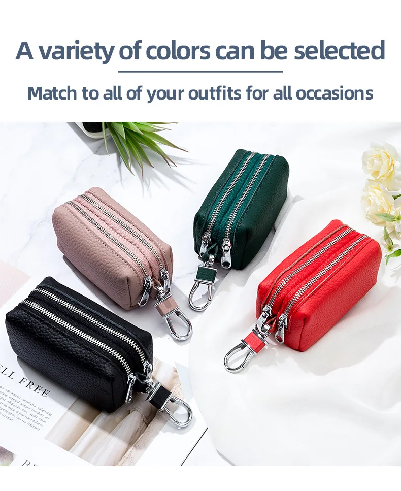 Made of Genuine Leather Car Key Wallets Fashion Key Holder Housekeeper Keys Organizer Double Zipper Keychain Case Key Coin Pouch