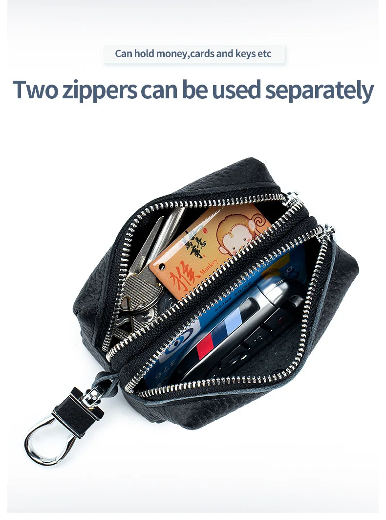 Made of Genuine Leather Car Key Wallets Fashion Key Holder Housekeeper Keys Organizer Double Zipper Keychain Case Key Coin Pouch