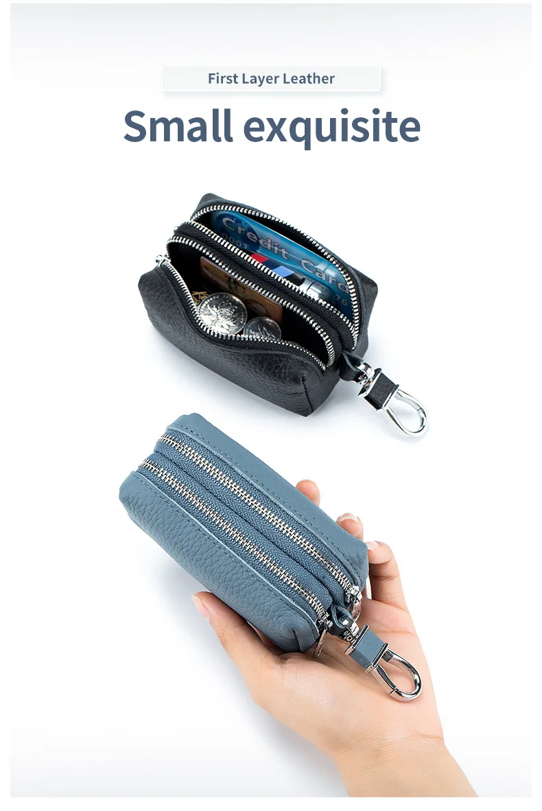 Made of Genuine Leather Car Key Wallets Fashion Key Holder Housekeeper Keys Organizer Double Zipper Keychain Case Key Coin Pouch