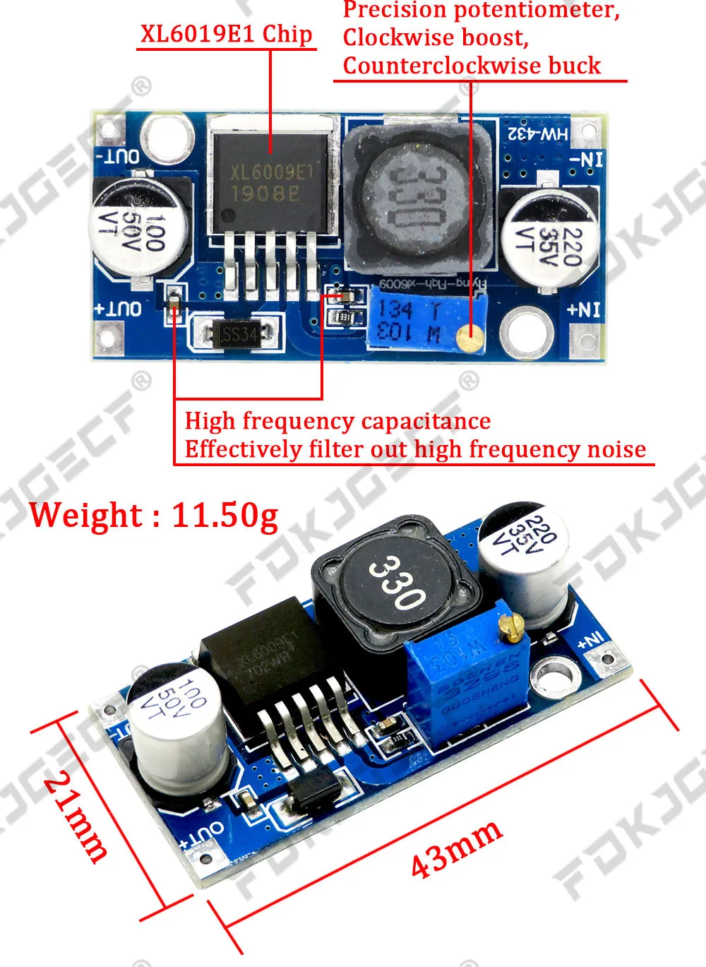 XL6009 4A Boost Converter Step Up Adjustable 15W 5-32V to 5-50V DC-DC Power Supply Module High Performance Low Ripple