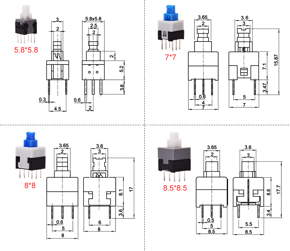 10pcs PCB Tact Tactile Micro Mini Latching Push Button On Off Self Lock UnLock Switch DIP 6 Pin Cap 5.8*5.8/7*7/8*8/8.5*8.5mm