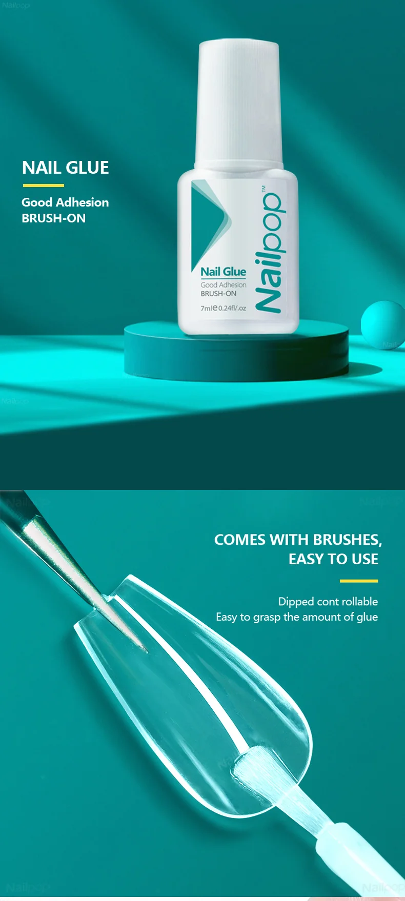 Nailpop Fast Dry Nail Glue with Brush Nail Art Tips Glitter Acrylic Decoration Nail Art Tools Manicure Accessories 2pcs