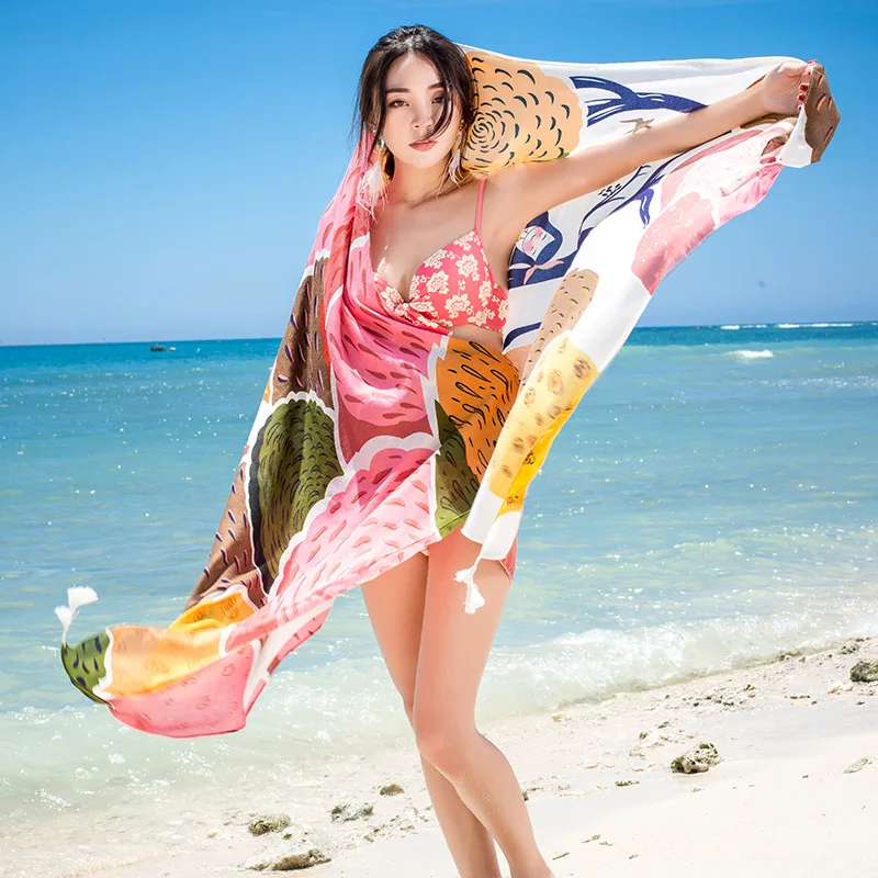 Design Brand Women Scarf Sunscreen Cotton Shawls Dual-Use Summer Autumn Long Scarves Seaside Holiday Beach Towel Beachwear Veils