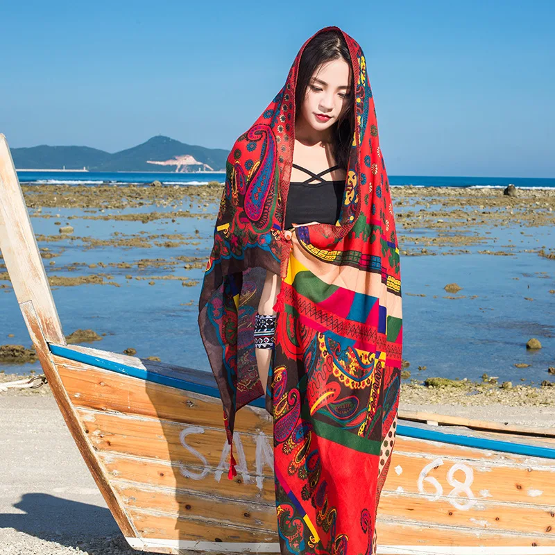 Design Brand Women Scarf Sunscreen Cotton Shawls Dual-Use Summer Autumn Long Scarves Seaside Holiday Beach Towel Beachwear Veils