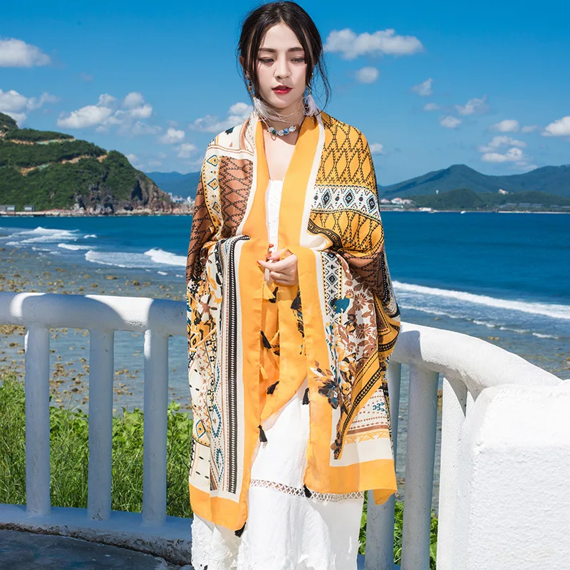 Design Brand Women Scarf Sunscreen Cotton Shawls Dual-Use Summer Autumn Long Scarves Seaside Holiday Beach Towel Beachwear Veils