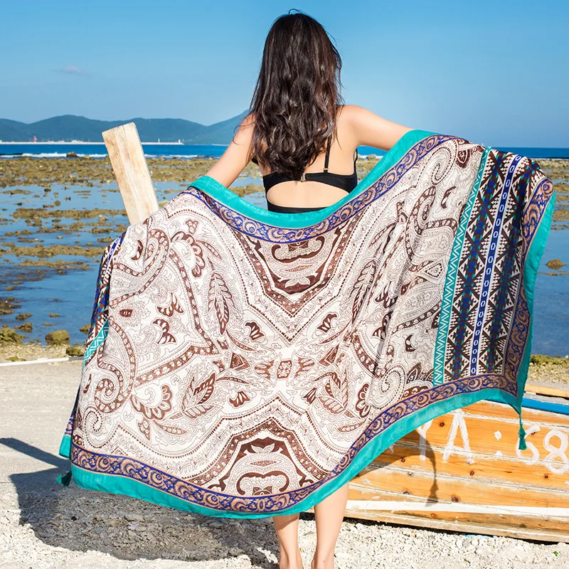 Design Brand Women Scarf Sunscreen Cotton Shawls Dual-Use Summer Autumn Long Scarves Seaside Holiday Beach Towel Beachwear Veils