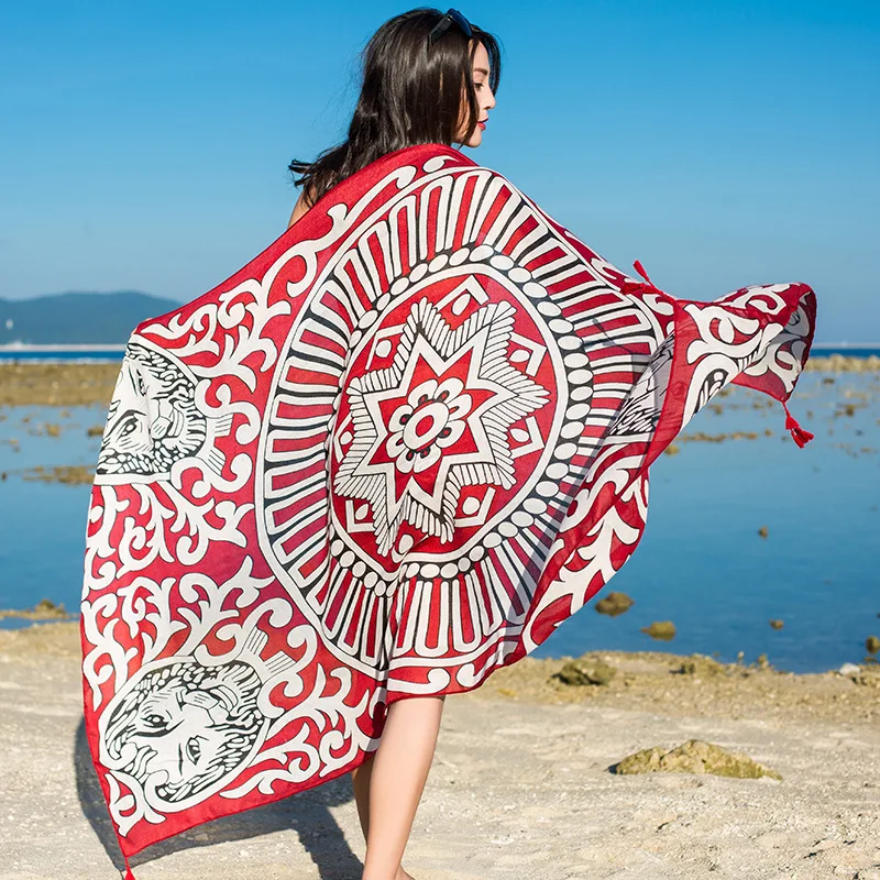 Design Brand Women Scarf Sunscreen Cotton Shawls Dual-Use Summer Autumn Long Scarves Seaside Holiday Beach Towel Beachwear Veils