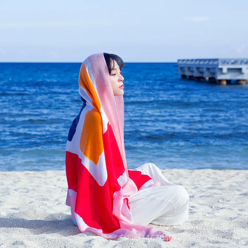 Design Brand Women Scarf Sunscreen Cotton Shawls Dual-Use Summer Autumn Long Scarves Seaside Holiday Beach Towel Beachwear Veils