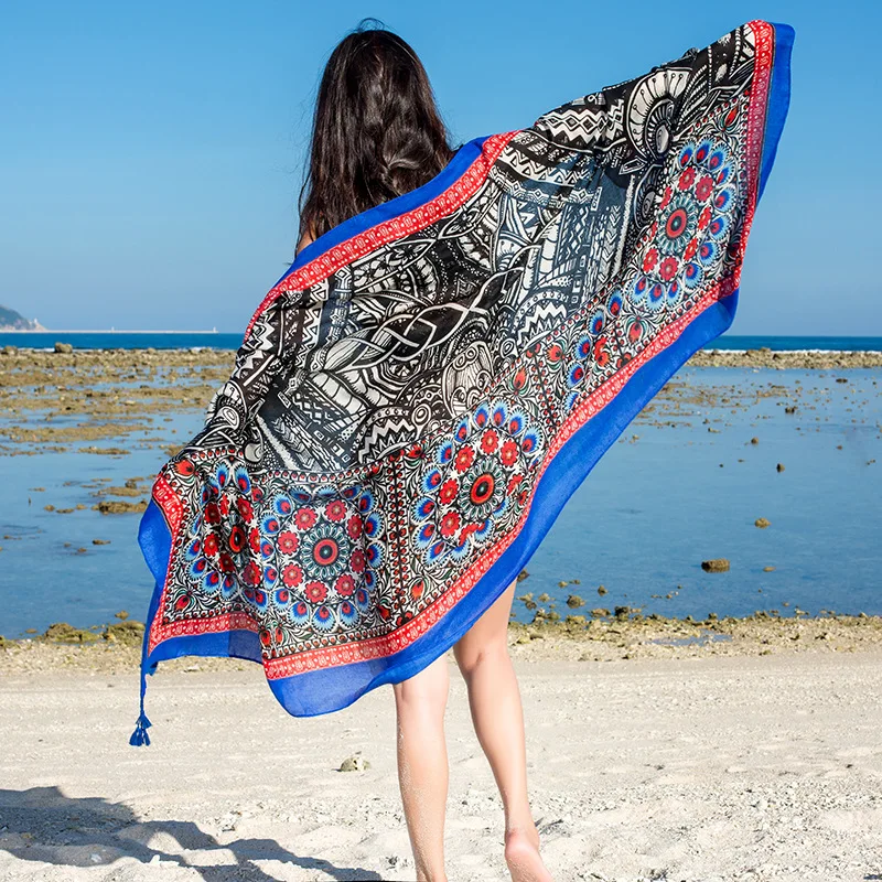 Design Brand Women Scarf Sunscreen Cotton Shawls Dual-Use Summer Autumn Long Scarves Seaside Holiday Beach Towel Beachwear Veils