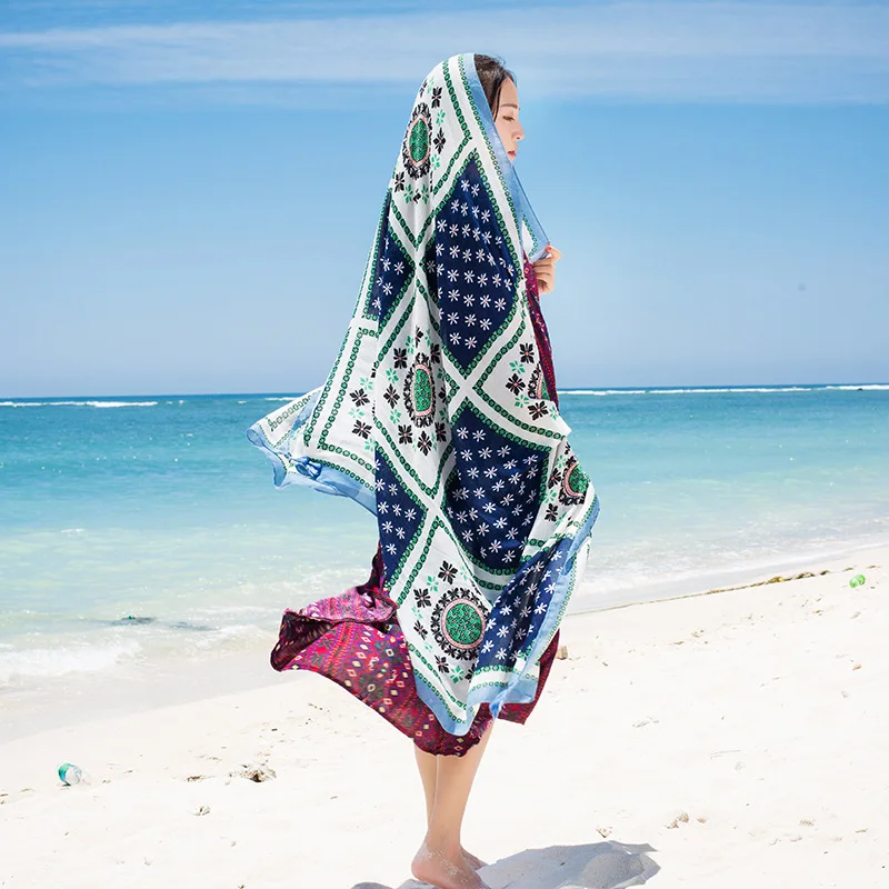 Design Brand Women Scarf Sunscreen Cotton Shawls Dual-Use Summer Autumn Long Scarves Seaside Holiday Beach Towel Beachwear Veils