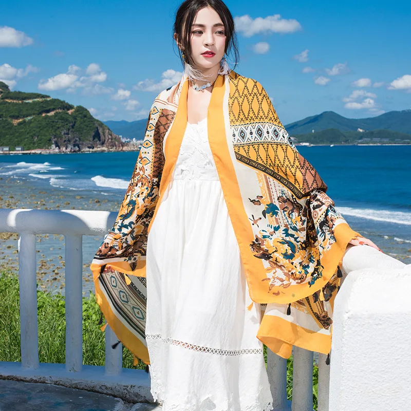Design Brand Women Scarf Sunscreen Cotton Shawls Dual-Use Summer Autumn Long Scarves Seaside Holiday Beach Towel Beachwear Veils
