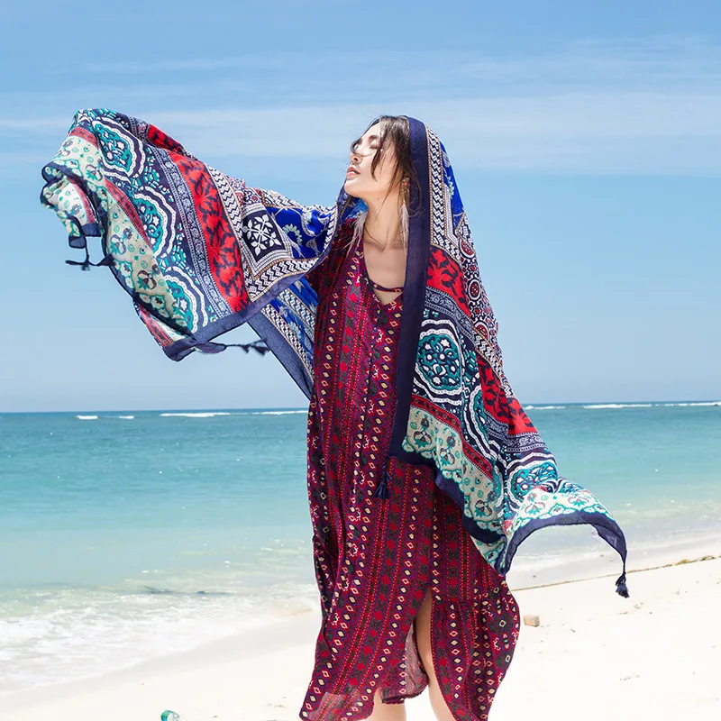 Design Brand Women Scarf Sunscreen Cotton Shawls Dual-Use Summer Autumn Long Scarves Seaside Holiday Beach Towel Beachwear Veils