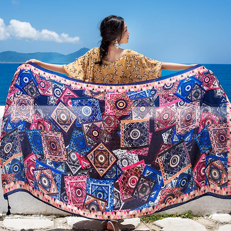 Design Brand Women Scarf Sunscreen Cotton Shawls Dual-Use Summer Autumn Long Scarves Seaside Holiday Beach Towel Beachwear Veils