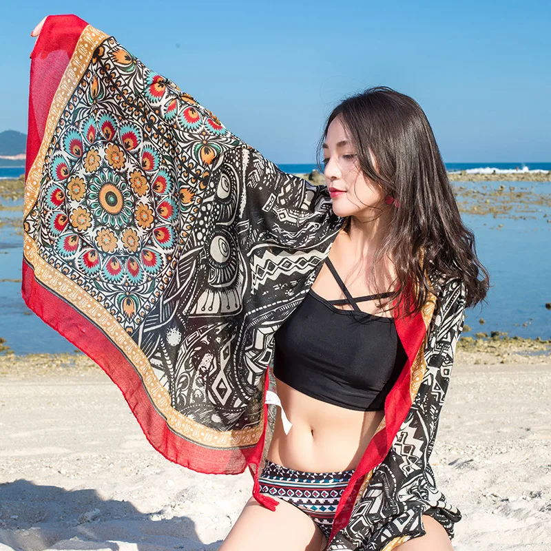 Design Brand Women Scarf Sunscreen Cotton Shawls Dual-Use Summer Autumn Long Scarves Seaside Holiday Beach Towel Beachwear Veils