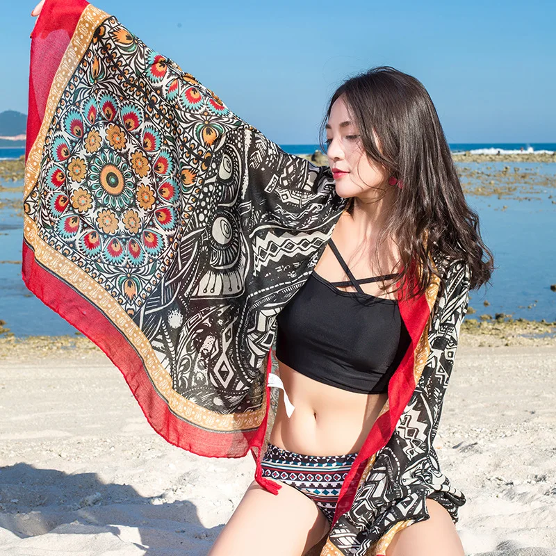 Design Brand Women Scarf Sunscreen Cotton Shawls Dual-Use Summer Autumn Long Scarves Seaside Holiday Beach Towel Beachwear Veils