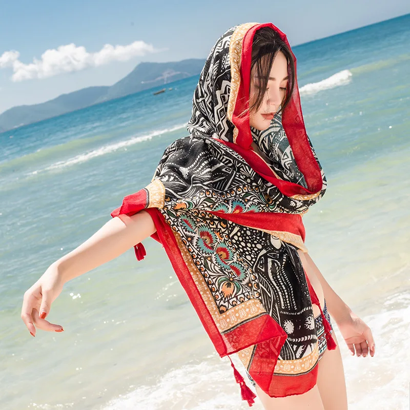 Design Brand Women Scarf Sunscreen Cotton Shawls Dual-Use Summer Autumn Long Scarves Seaside Holiday Beach Towel Beachwear Veils