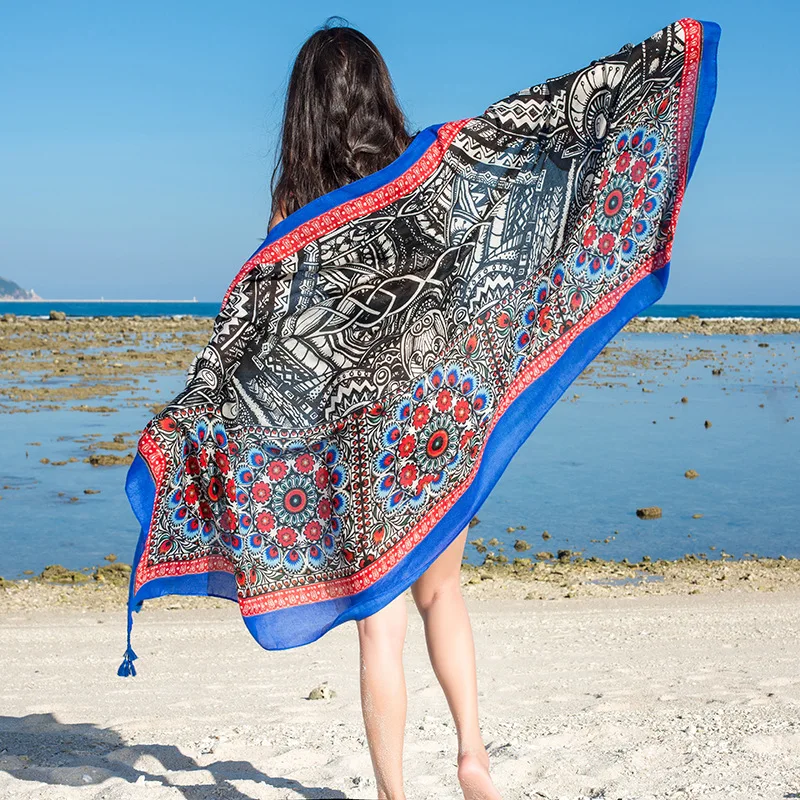 Design Brand Women Scarf Sunscreen Cotton Shawls Dual-Use Summer Autumn Long Scarves Seaside Holiday Beach Towel Beachwear Veils