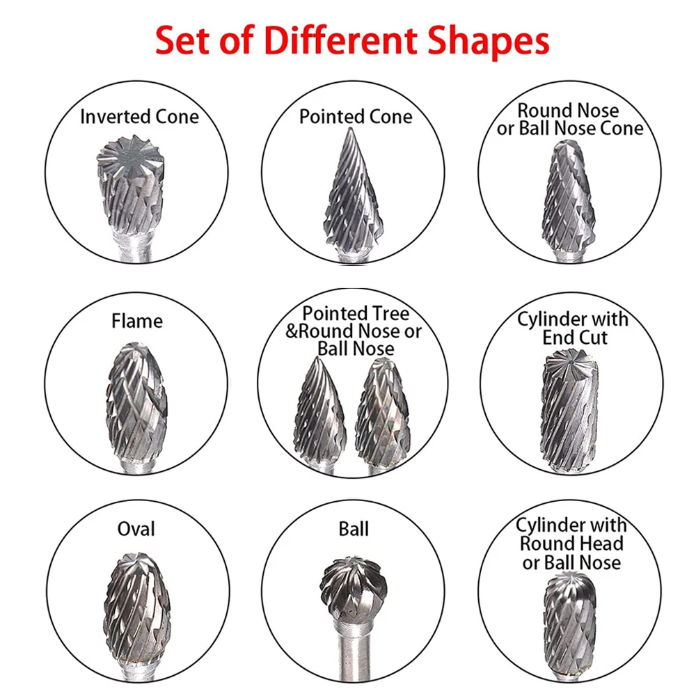 Tungsten Carbide Rotary Burr 10pcs Carving Burr Bits Double Diamond Cut Dremel Tools for Wood Stone Carving Steel Metal Working