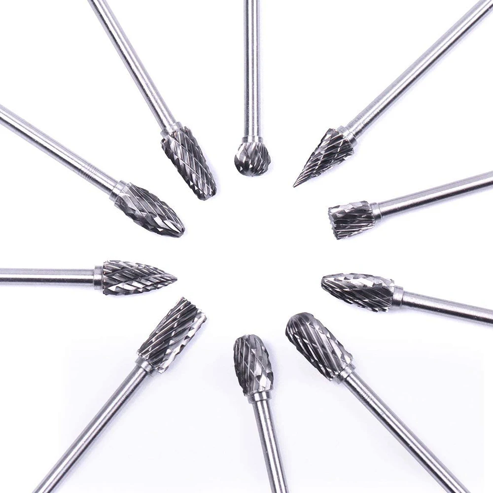 Tungsten Carbide Rotary Burr 10pcs Carving Burr Bits Double Diamond Cut Dremel Tools for Wood Stone Carving Steel Metal Working