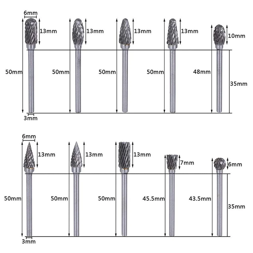 Tungsten Carbide Rotary Burr 10pcs Carving Burr Bits Double Diamond Cut Dremel Tools for Wood Stone Carving Steel Metal Working
