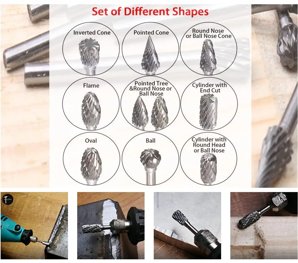 Tungsten Carbide Rotary Burr 10pcs Carving Burr Bits Double Diamond Cut Dremel Tools for Wood Stone Carving Steel Metal Working