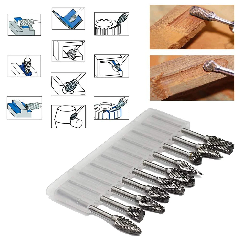 Tungsten Carbide Rotary Burr 10pcs Carving Burr Bits Double Diamond Cut Dremel Tools for Wood Stone Carving Steel Metal Working