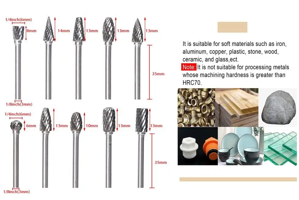 Tungsten Carbide Rotary Burr 10pcs Carving Burr Bits Double Diamond Cut Dremel Tools for Wood Stone Carving Steel Metal Working